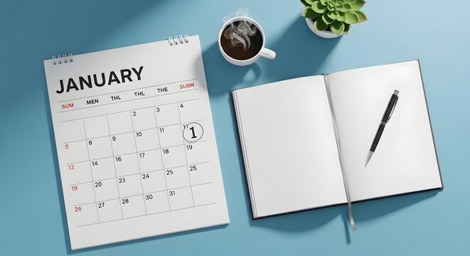 Calendar displaying January with a handwritten note and a cup of coffee sit on a desk beside an open notebook and a pen.