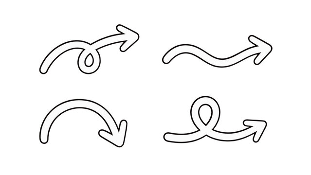 Hand drawn curved arrow doodle set with outline symbols