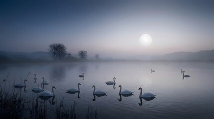 Naklejka premium Mute swans swimming through thick white fog on a still lake with a bright glowing sun emerging from a misty horizon in a serene and atmospheric early morning winter water landscape scene.