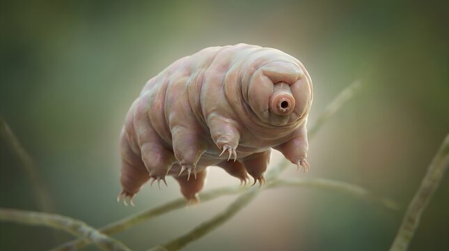 Tardigrade walking along a thin plant fiber or stem in a microscopic aquatic environment captured in a sharp macro photograph highlighting its segmented body and small clawed feet detail.