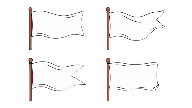 Set of four blank waving flags on poles in hand drawn style