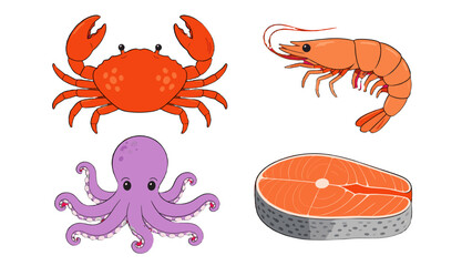 Cartoon seafood set with crab shrimp octopus and salmon © icon_art