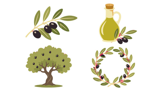 Hand drawn olive branches, oil bottle, tree and wreath set