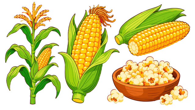 Hand drawn corn plant, cobs and popcorn isolated set
