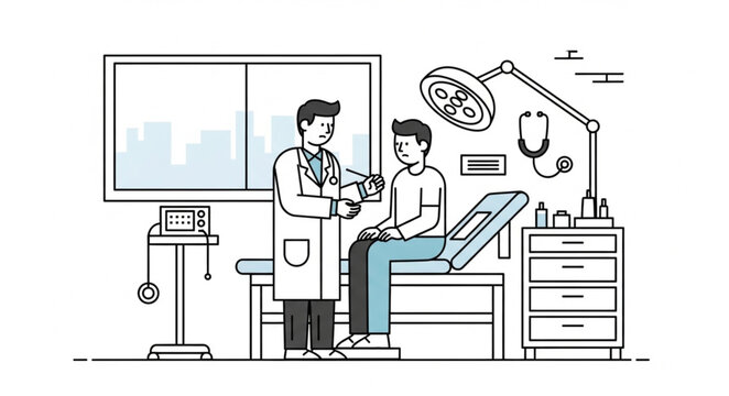 Doctor examining patient in medical examination room illustration.
