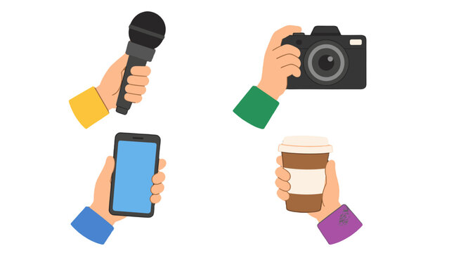 Vector set of hands holding microphone camera phone and cup