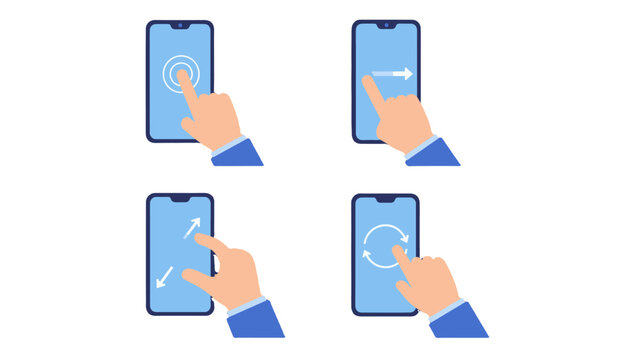 Hand gestures on smartphone touchscreen interface vector set