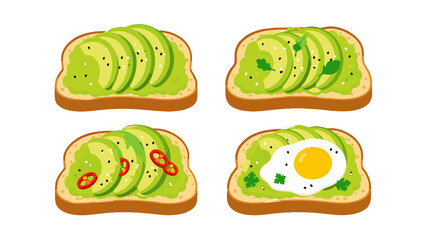 Obraz premium Set of avocado toast variations with herbs chili and egg