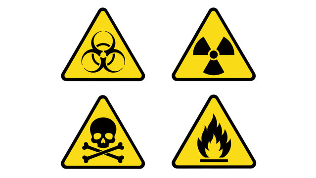 Set of hazard warning triangle signs with biohazard radiation skull and fire