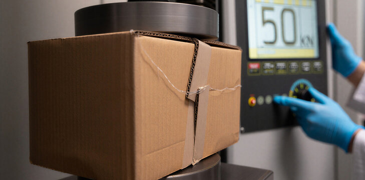 Automated testing machine compressing cardboard box in factory laboratory with cardboard compression packaging strength laboratory industrial material technology measurement analysis