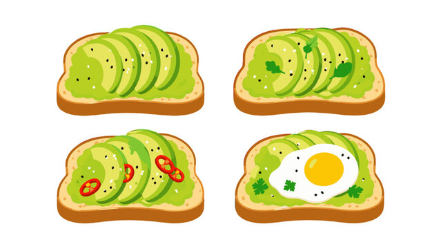 Set of avocado toast variations with herbs chili and egg