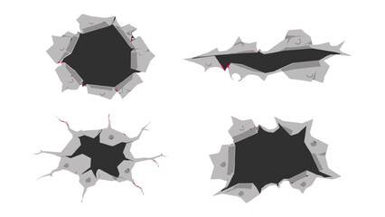 Obraz na płótnie Canvas Set of torn metal holes and cracks in flat vector style