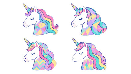 Set of four pastel unicorn head illustrations with geometric mane © icon_art