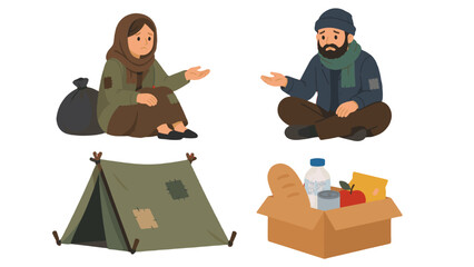 Homeless man and woman with tent and donation food box © icon_art