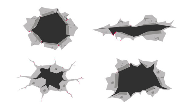 Set of torn metal holes and cracks in flat vector style