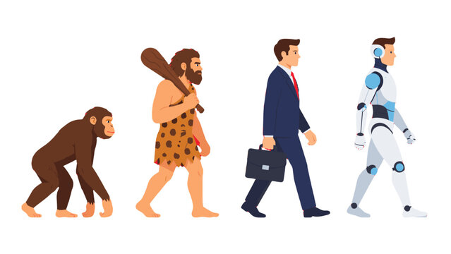 Human evolution stages from ape and caveman to businessman and robot