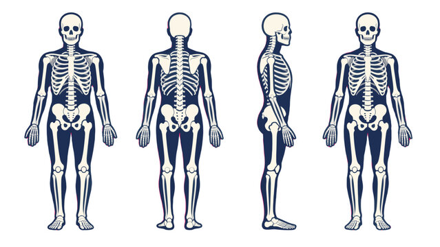 Human skeleton anatomy set with front back and side views