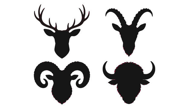 Black silhouettes of deer, goat, ram and bison heads