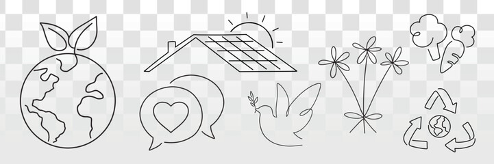 Eco-friendly vector icons: Earth, solar panel, dove, flowers, and recycling symbols.