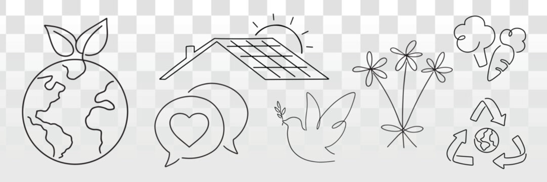 Eco-friendly vector icons: Earth, solar panel, dove, flowers, and recycling symbols.