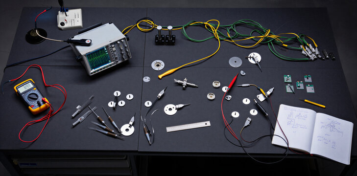 Electronic engineering workstation with components testing probes laboratory equipment workstation electronics engineering laboratory components technology hardware equipment research