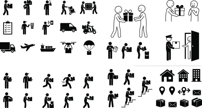 Logistics and delivery glyph icon set featuring stick figure couriers, distribution trucks, warehouse storage, and parcel handling processes.eps,