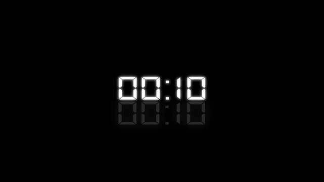 White digital clock display showing 15 to 0 seconds on a black background