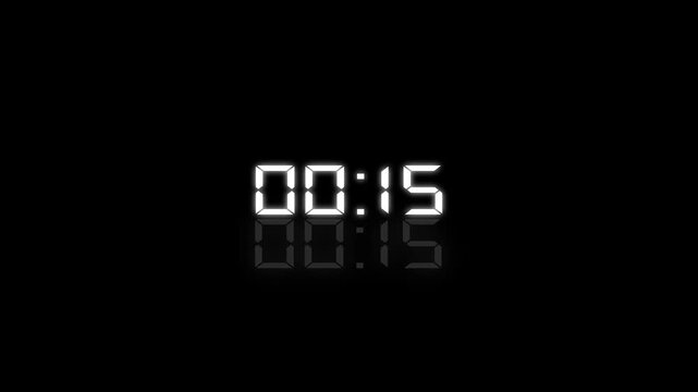 Bright white digital clock display showing 20 to 0 seconds with a soft reflection on a dark background