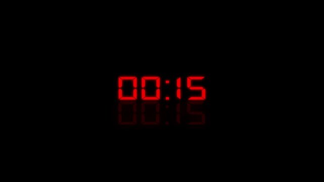 Glowing red digital clock display showing 20 to 0 seconds with a subtle reflection on a black background