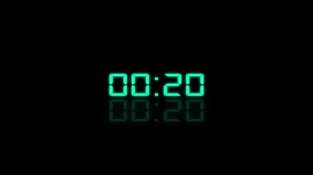 Glowing cyan digital clock display showing 25 to 0 seconds with a soft reflection on a black background