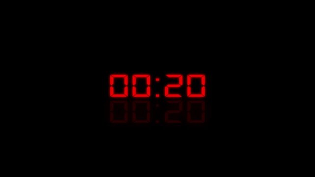 Glowing red digital clock display showing 25 to 0 seconds with a subtle reflection on a black background
