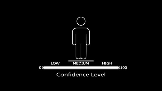 White line of a person standing on a medium level gauge for confidence measurement on a black background