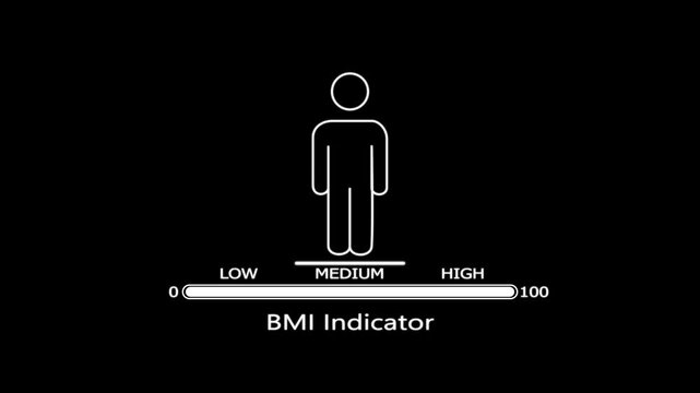White line of a human figure with a bmi indicator scale showing a medium level against a solid black background