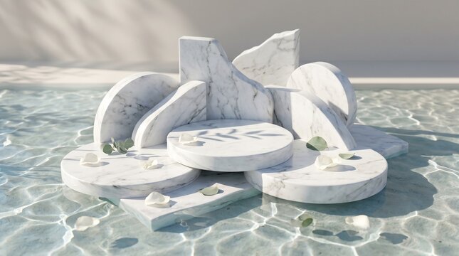Marble product display platforms placed on calm water with floral petals