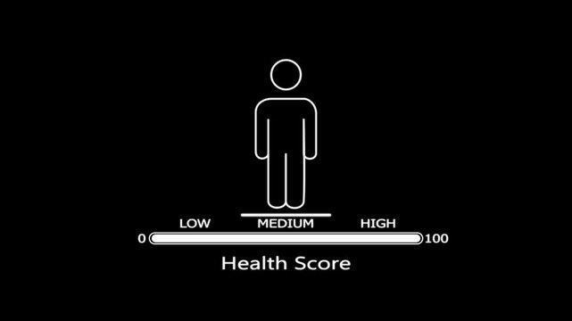 White line of a human figure with a health score scale showing a medium level against a solid black background