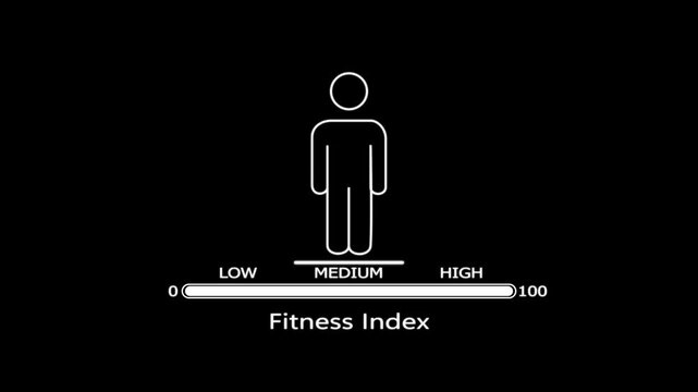 White line of a human figure with a fitness index scale showing a medium level against a solid black background
