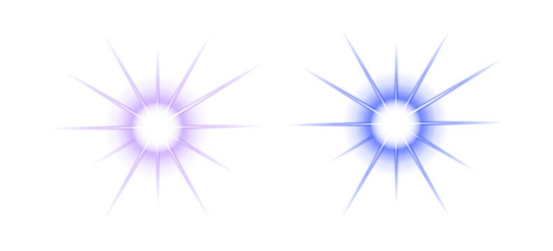 Pair of Purple and Blue sparkle light effects on transparent background. Glowing light with shining star, light sparks, and rays. Sparkling bling effect. Flare light, lens flare, PNG.