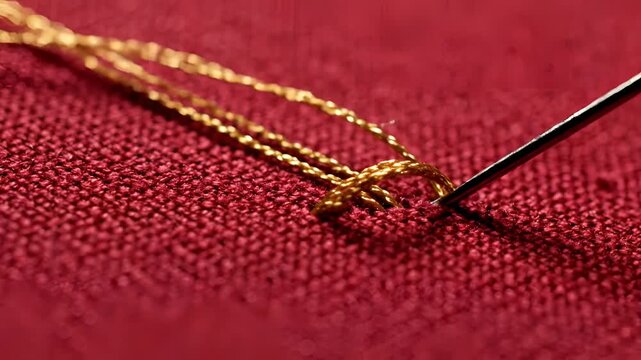 Closeup of gold thread being handstitched onto red fabric with a needle.