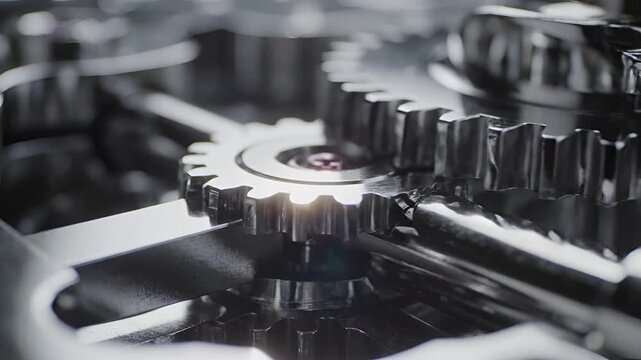 Closeup of interlocking metal gears in motion symbolizing industry and mechanics 1.