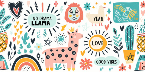 Boho Doodle Art Collection With Llamas Cacti And Geometric Shapes © Roni