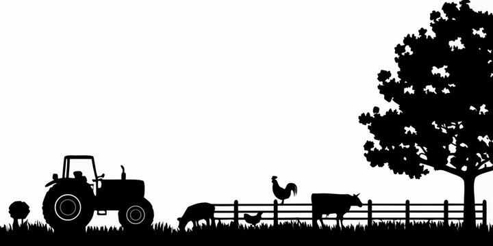 Farm Scene Silhouette Illustration With Tractor Livestock And Tree