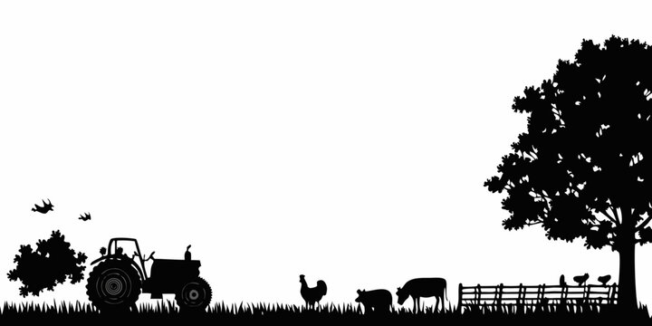 Black Silhouette Illustration Of A Complete Farm Landscape With Tractor And Trees