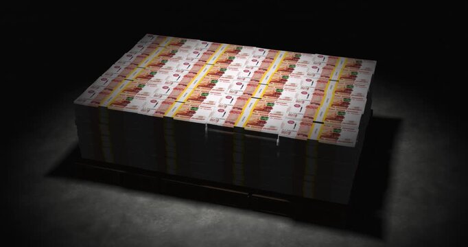 Giant stack of russian 5000 ruble banknotes on wooden pallet