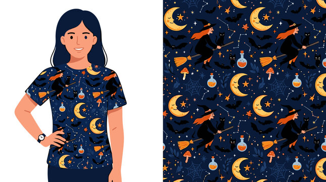 Dark blue witch and moon pattern on woman's t-shirt.