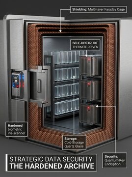 Highly secure hardened archive featuring multi-layer Faraday cage, biometric iris-scanner, self-destruct drives, and quantum-key encryption for ultimate data protection.