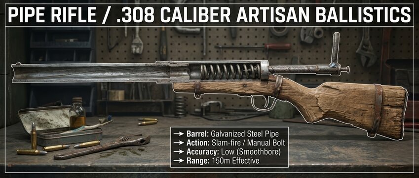 Detailed render of a makeshift .308 caliber pipe rifle with artisan ballistics data. Features slam-fire action, galvanized barrel, and a rough wooden stock. Ideal for 
