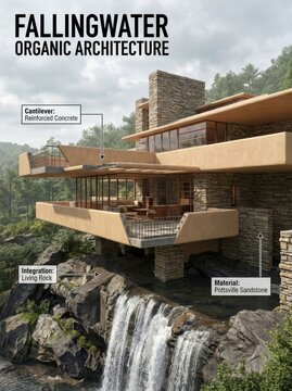 Detailed illustration of Fallingwater, Frank Lloyd Wright's masterpiece of organic architecture, showcasing its cantilever design, natural integration, and sandstone materials.