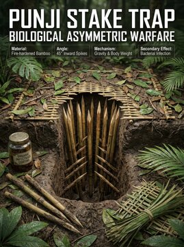 Detailed view of a concealed Punji stake trap, a primitive biological asymmetric warfare device featuring fire-hardened bamboo spikes coated with infectious material.