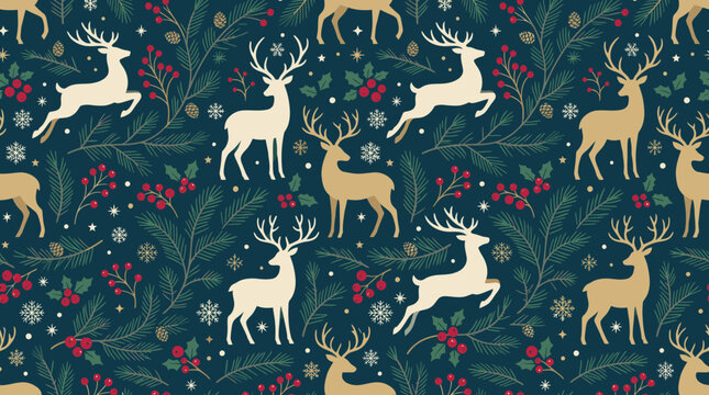 Elegant Christmas reindeer and berry seamless botanical pattern.