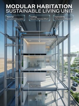 Cross-section of a futuristic, sustainable modular living unit. Features recycled composites, natural cooling, 7G connectivity, hydroponics, and flexible work/liv